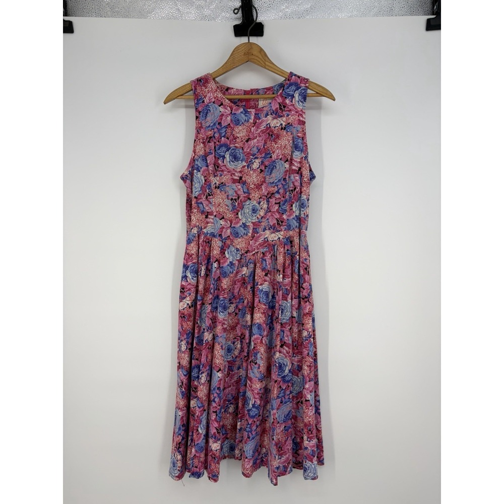 Vtg Fit & Flare Dress‎ M Smocked Floral Sleeveless Eber San Francisco Pinup Pink